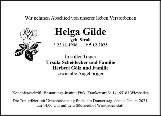 Traueranzeige von Helga Gilde von Wiesbadener Kurier