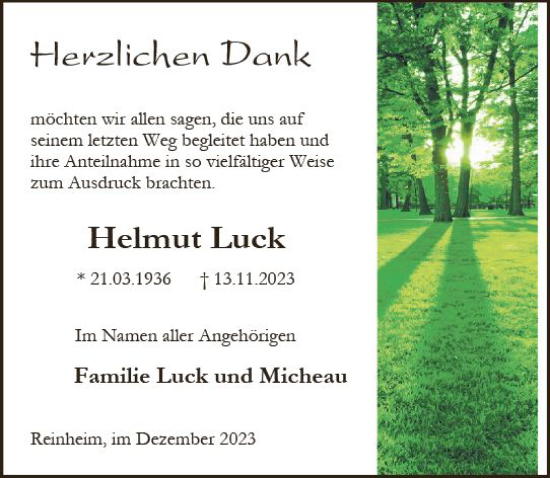 Traueranzeige von Helmut Luck von Odenwälder Echo