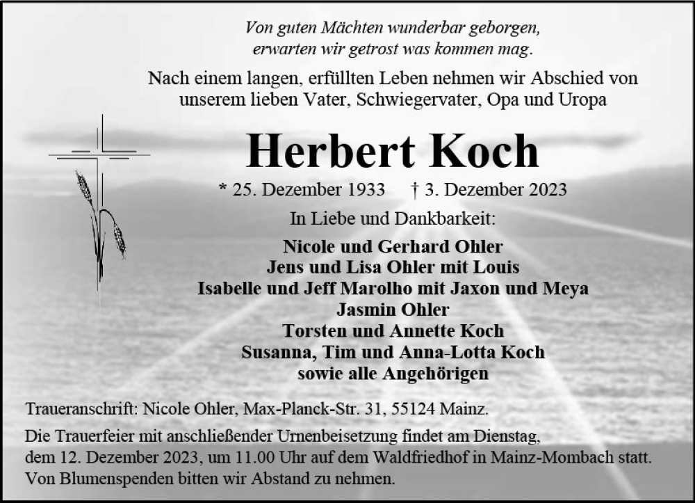  Traueranzeige für Herbert Koch vom 09.12.2023 aus Allgemeine Zeitung Mainz