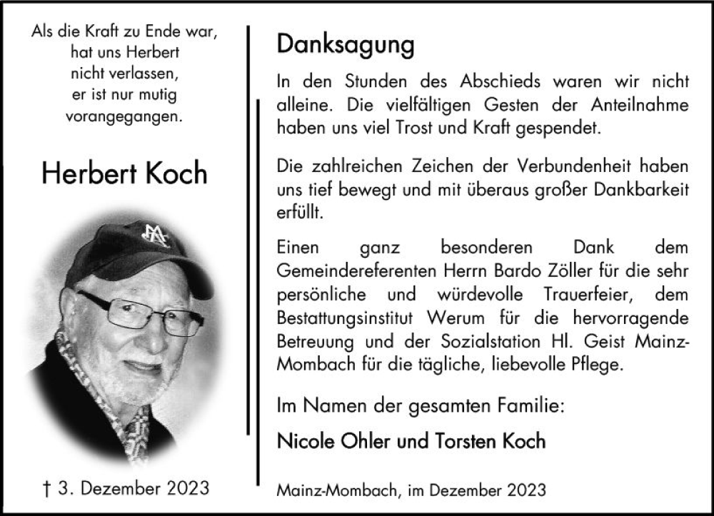  Traueranzeige für Herbert Koch vom 23.12.2023 aus Allgemeine Zeitung Mainz