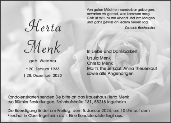Traueranzeige von Herta Menk von Allgemeine Zeitung Bingen/Ingelheim