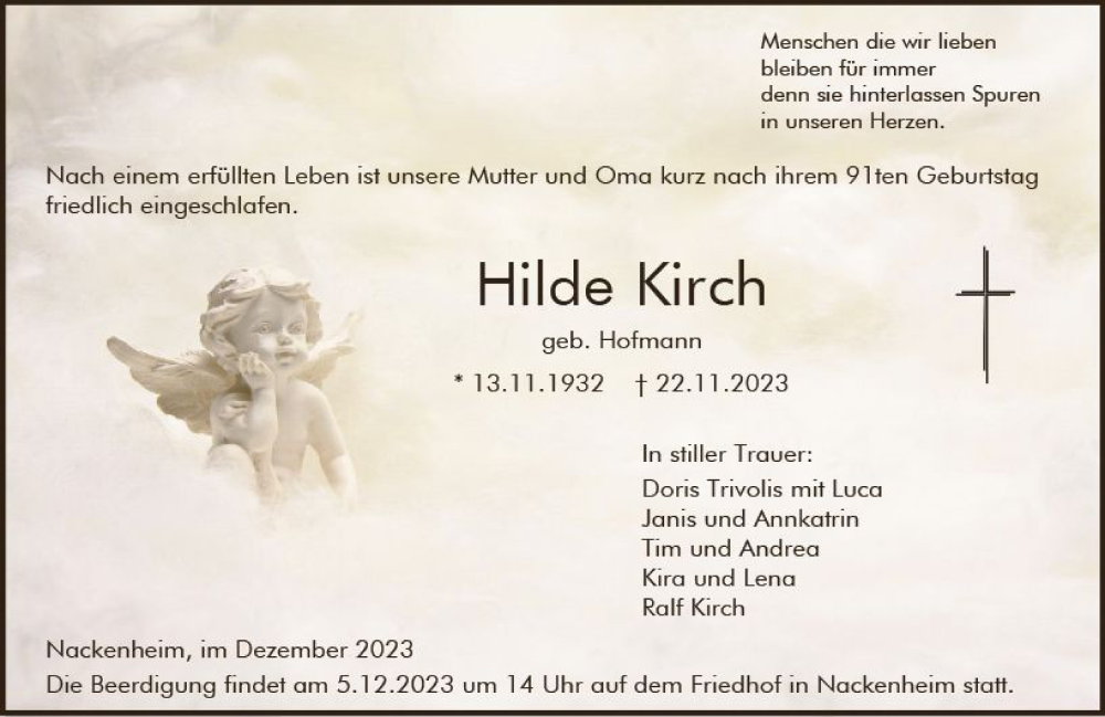  Traueranzeige für Hilde Kirch vom 02.12.2023 aus Allgemeine Zeitung Mainz