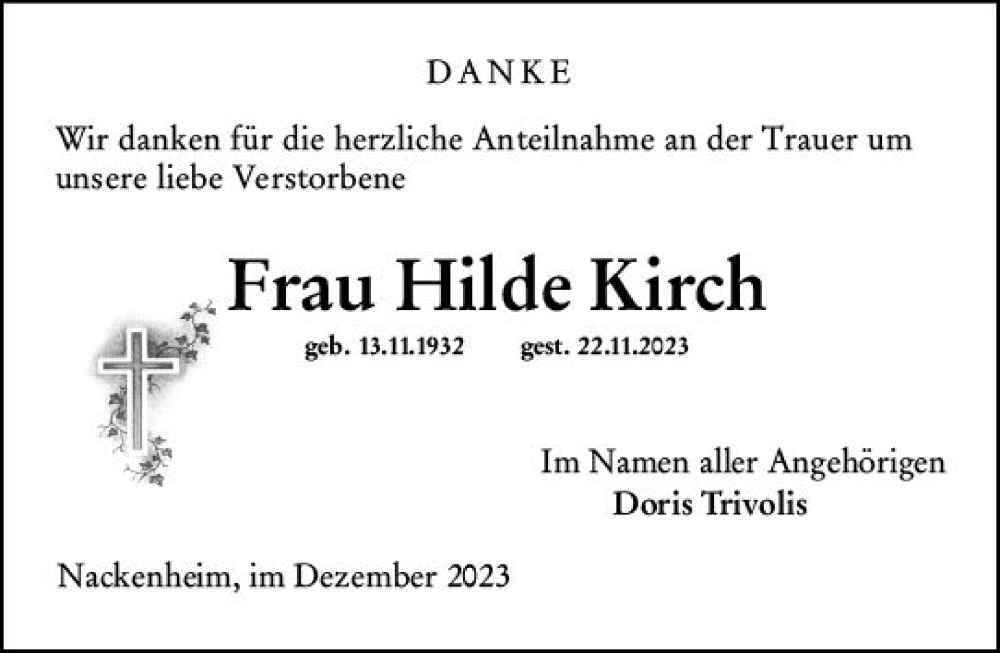 Traueranzeige für Hilde Kirch vom 23.12.2023 aus Allgemeine Zeitung Mainz