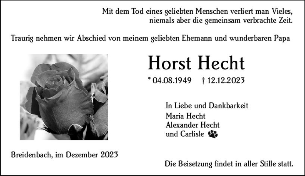  Traueranzeige für Horst Hecht vom 16.12.2023 aus Hinterländer Anzeiger