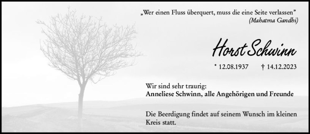  Traueranzeige für Horst Schwinn vom 19.12.2023 aus Darmstädter Echo