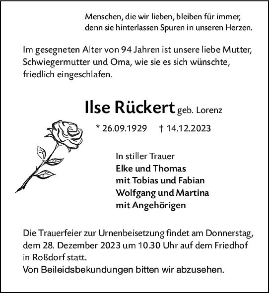  Traueranzeige für Ilse Rückert vom 23.12.2023 aus Darmstädter Echo