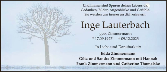 Traueranzeige von Inge Lauterbach von Darmstädter Echo