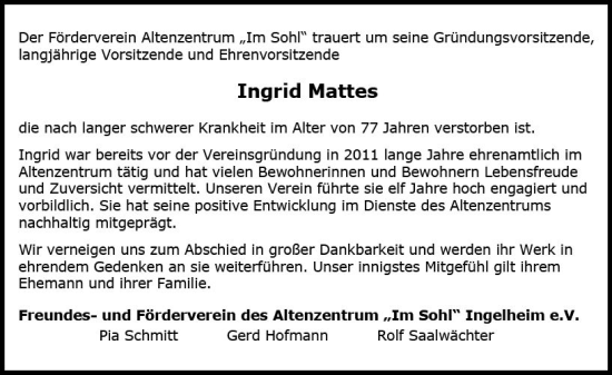 Traueranzeige von Ingrid Mattes von Allgemeine Zeitung Bingen/Ingelheim