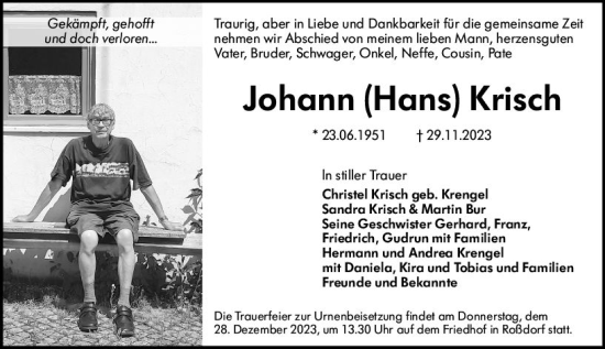 Traueranzeige von Johann Hans Krisch von Darmstädter Echo