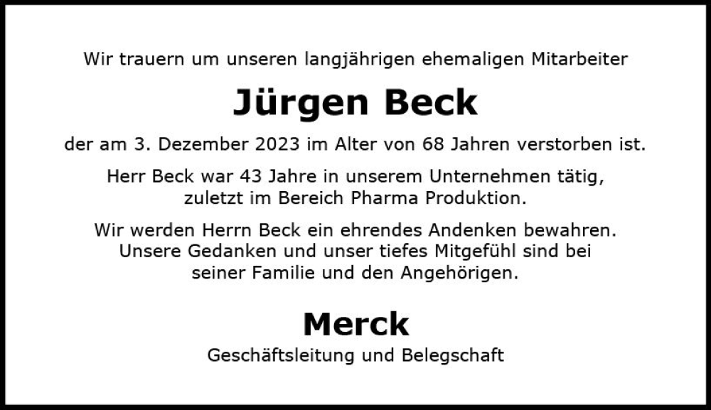  Traueranzeige für Jürgen Beck vom 16.12.2023 aus Darmstädter Echo