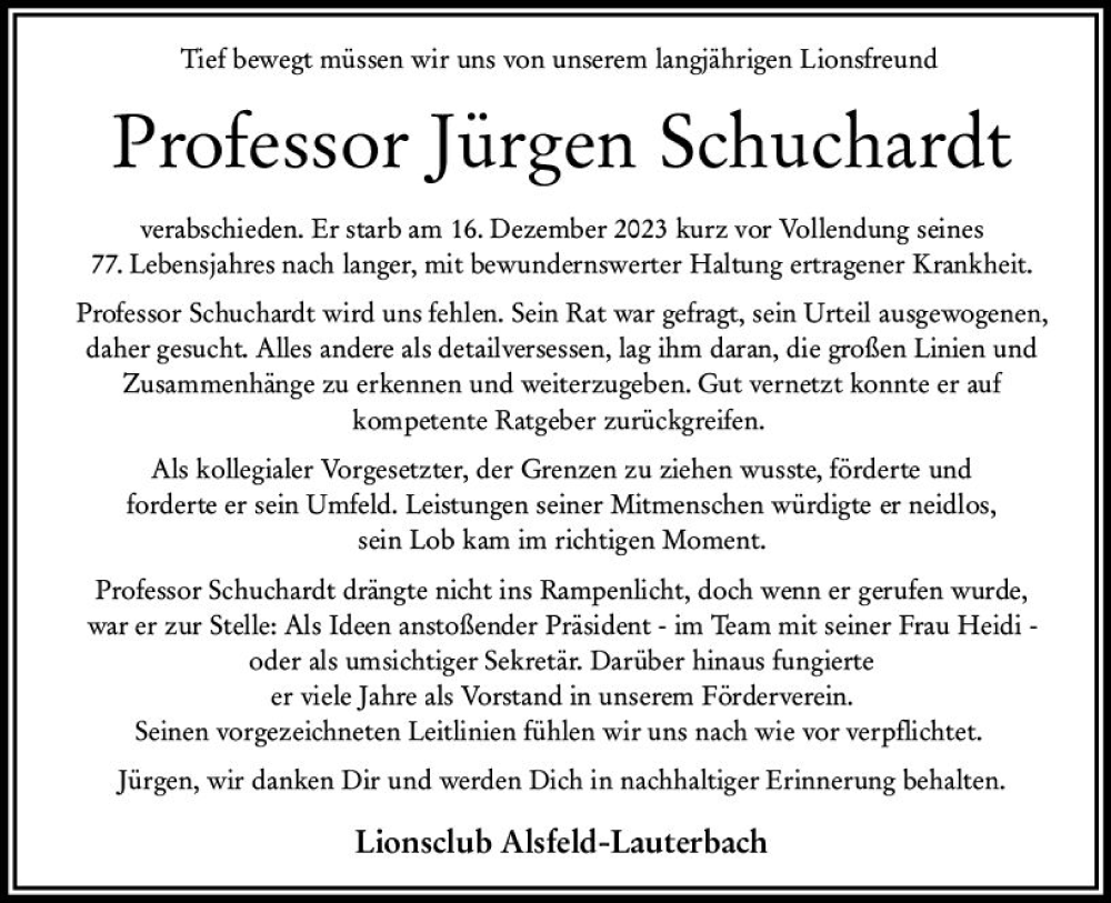  Traueranzeige für Jürgen Schuchardt vom 30.12.2023 aus VRM Trauer