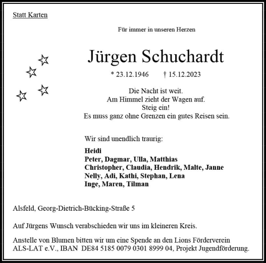 Traueranzeige von Jürgen Schuchardt von VRM Trauer
