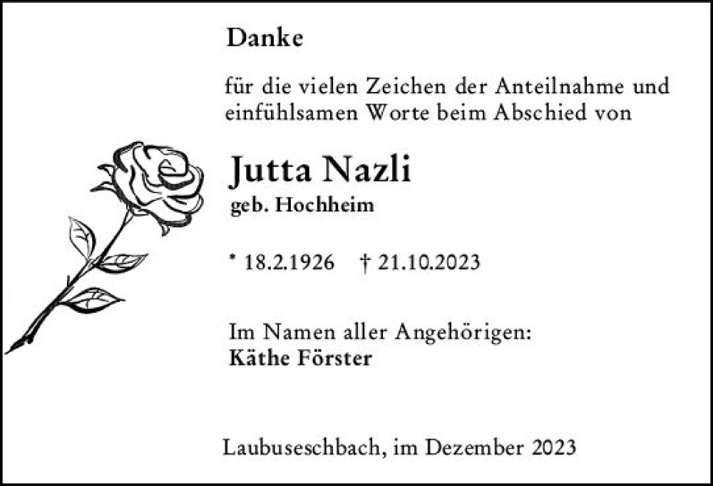  Traueranzeige für Jutta Nazli vom 02.12.2023 aus Weilburger Tageblatt