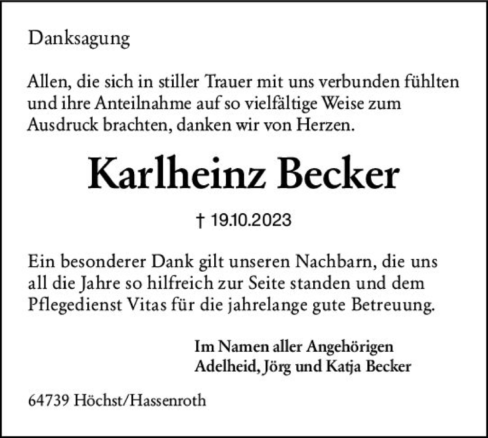  Traueranzeige für Karlheinz Becker vom 16.12.2023 aus Odenwälder Echo