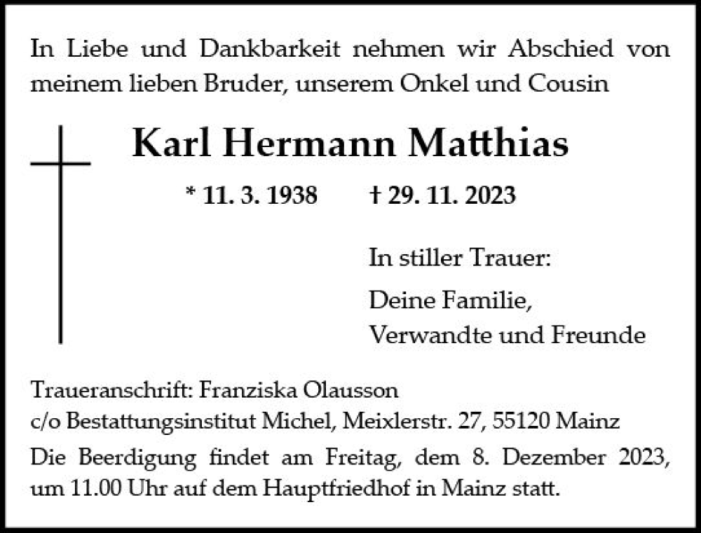  Traueranzeige für Karl Hermann Matthias vom 05.12.2023 aus Allgemeine Zeitung Mainz