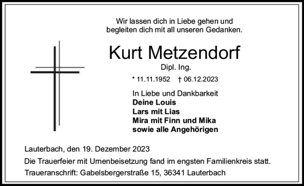  Traueranzeige für Kurt Metzendorf vom 19.12.2023 aus VRM Trauer