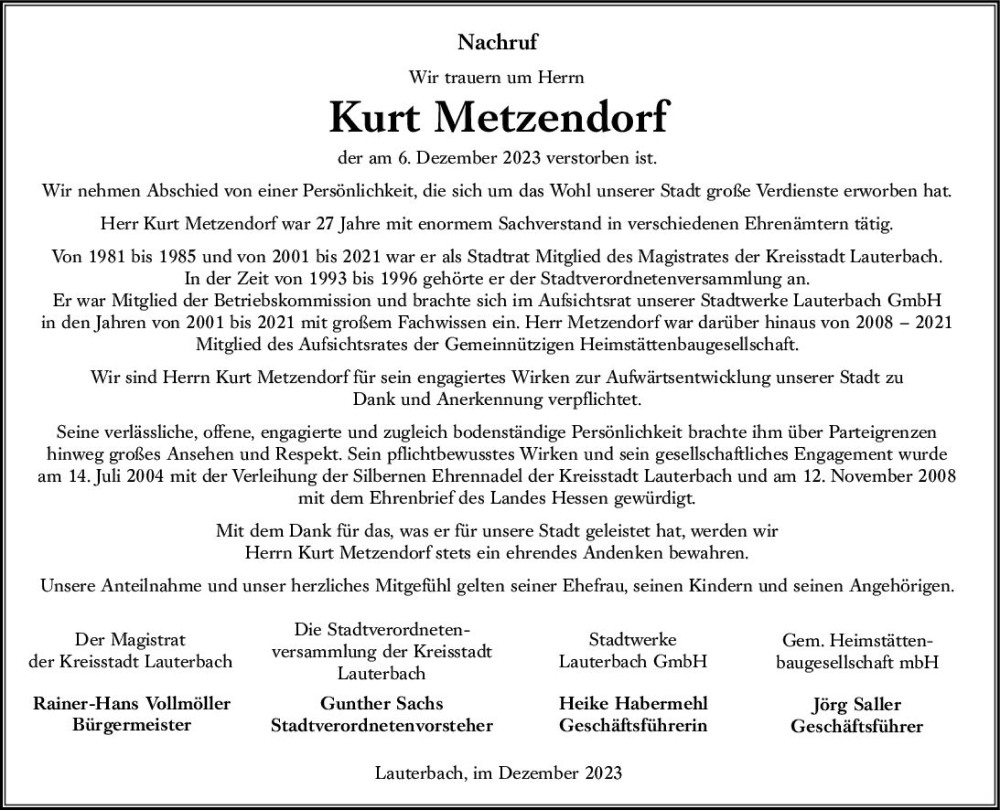  Traueranzeige für Kurt Metzendorf vom 21.12.2023 aus VRM Trauer
