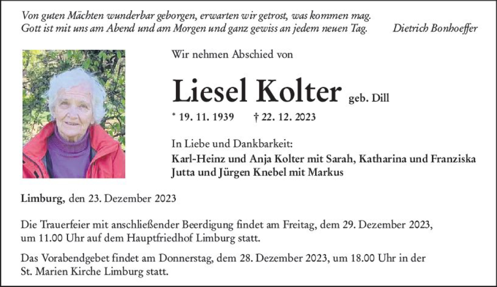 Traueranzeige für Liesel Kolter vom 23.12.2023 aus Nassauische Neue Presse