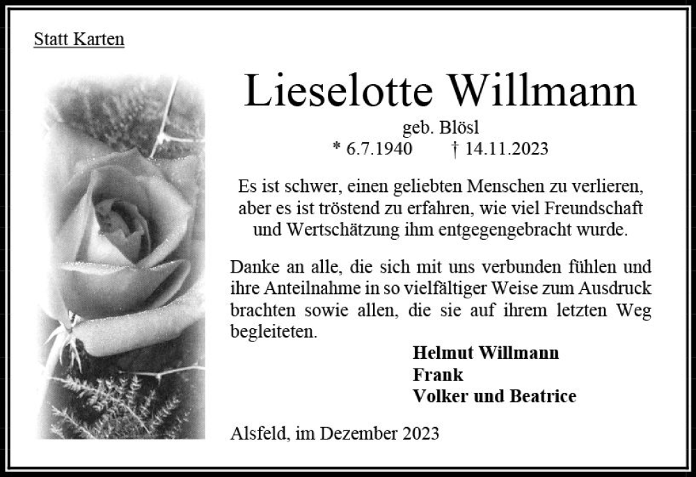  Traueranzeige für Lieselotte Willmann vom 23.12.2023 aus Oberhessen Kurier