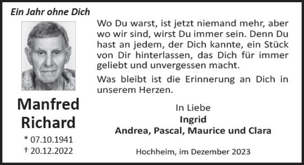  Traueranzeige für Manfred Richard vom 15.12.2023 aus Hochheimer Zeitung