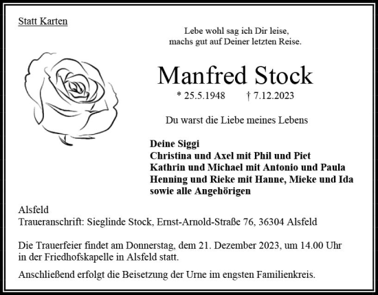 Traueranzeige von Manfred Stock von Oberhessen Kurier