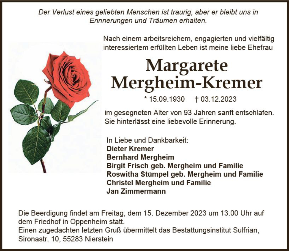  Traueranzeige für Margarete Mergheim-Kremer vom 09.12.2023 aus Allgemeine Zeitung Mainz