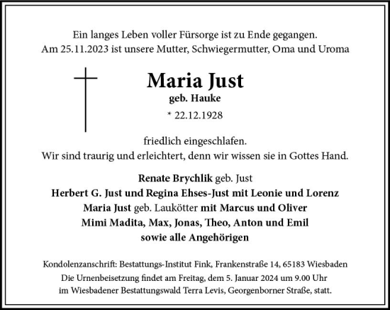 Traueranzeige von Maria Just von Wiesbadener Kurier