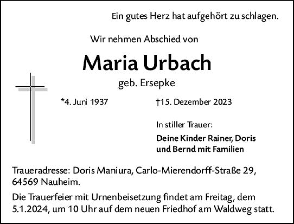  Traueranzeige für Maria Urbach vom 30.12.2023 aus Rüsselsheimer Echo