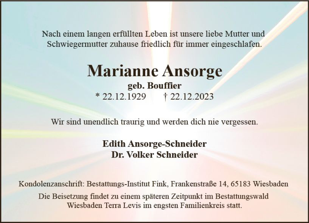  Traueranzeige für Marianne Ansorge vom 30.12.2023 aus Wiesbadener Kurier