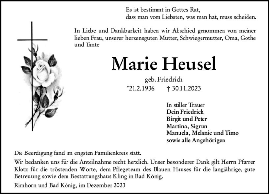Traueranzeige von Marie Heusel von Odenwälder Echo