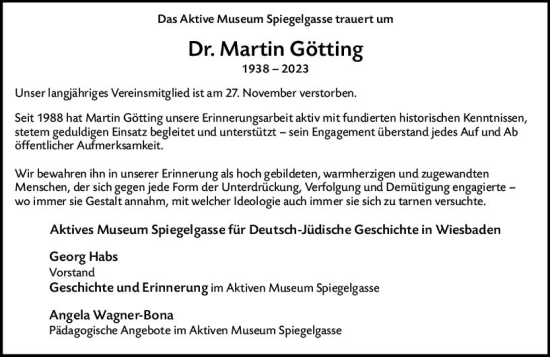 Traueranzeige von Martin Götting von Wiesbadener Kurier