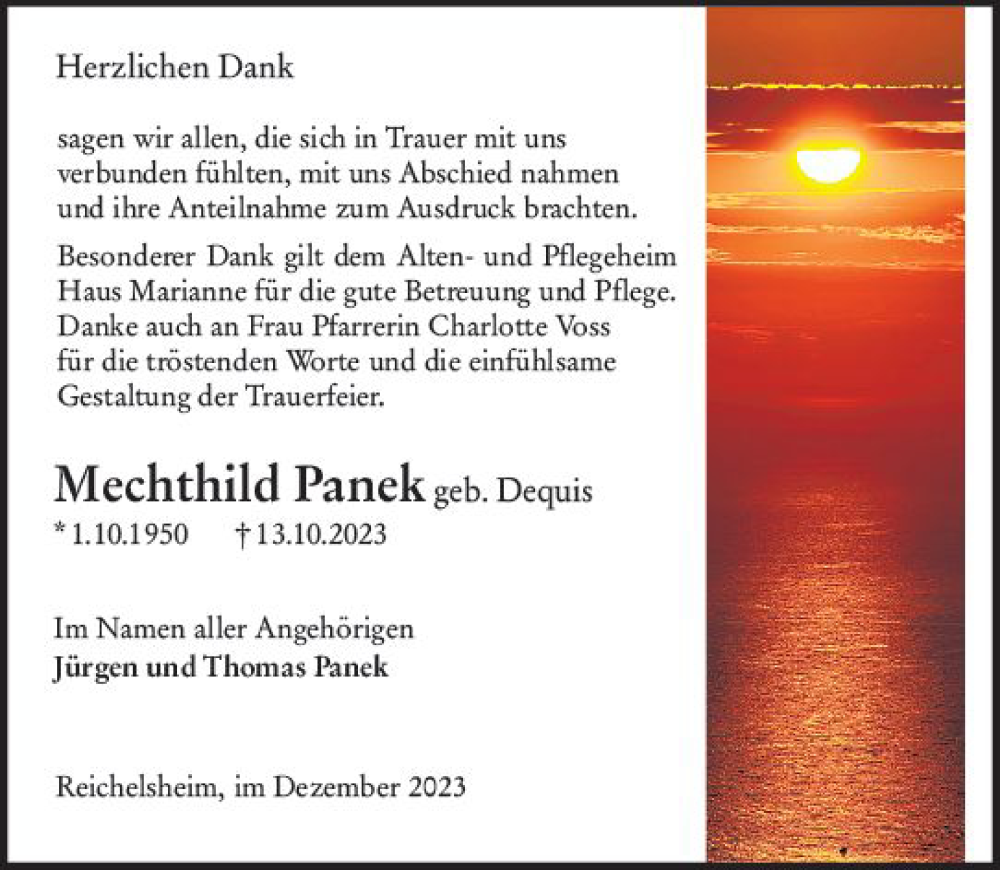  Traueranzeige für Mechthild Panek vom 16.12.2023 aus Odenwälder Echo
