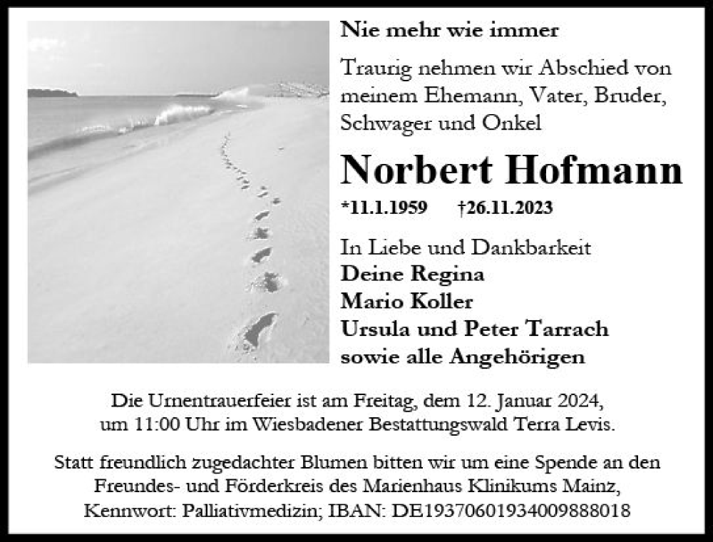  Traueranzeige für Norbert Hofmann vom 09.12.2023 aus Wiesbadener Kurier