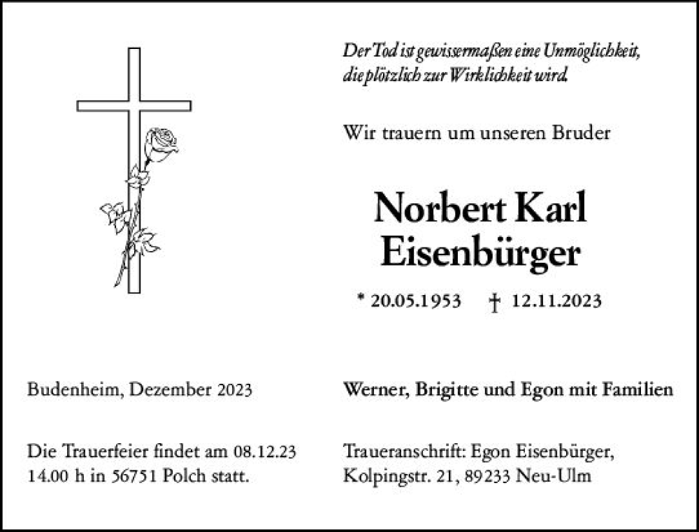  Traueranzeige für Norbert Karl Eisenbürger vom 06.12.2023 aus Allgemeine Zeitung Mainz