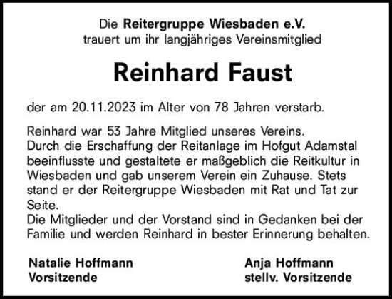 Traueranzeige von Reinhard Faust von Wiesbadener Kurier