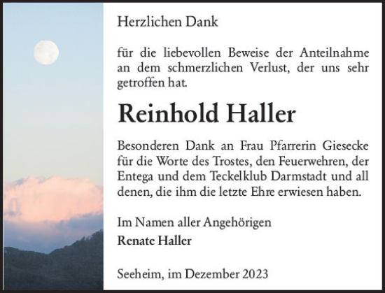 Traueranzeige von Reinhold Haller von Darmstädter Echo