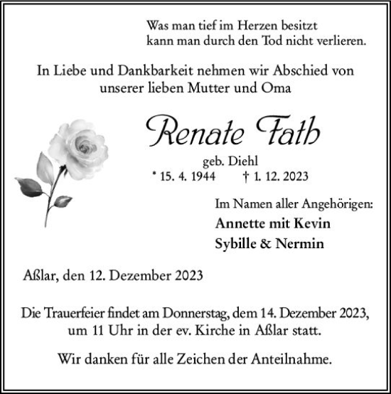 Traueranzeige von Renate Fath von Wetzlarer Neue Zeitung