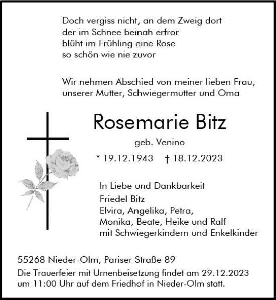Traueranzeige von Rosemarie Bitz von Allgemeine Zeitung Mainz