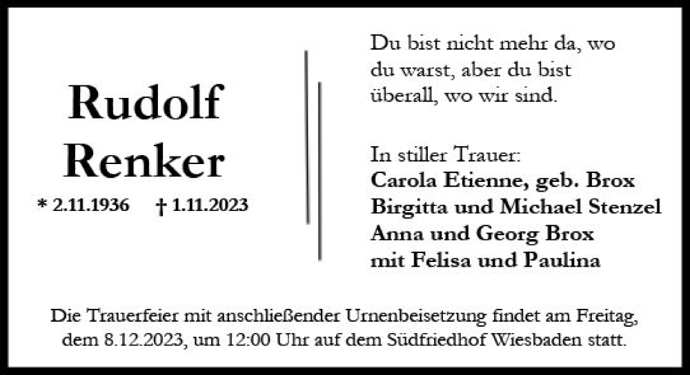  Traueranzeige für Rudolf Renker vom 02.12.2023 aus Wiesbadener Kurier