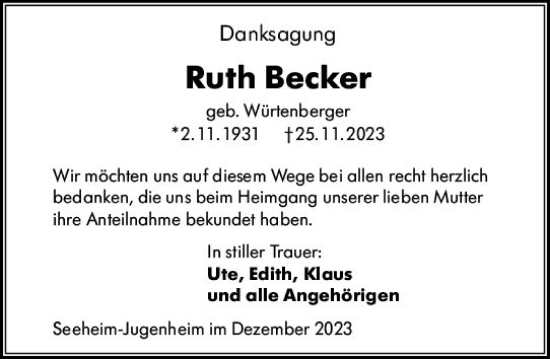 Traueranzeige von Ruth Becker von Darmstädter Echo