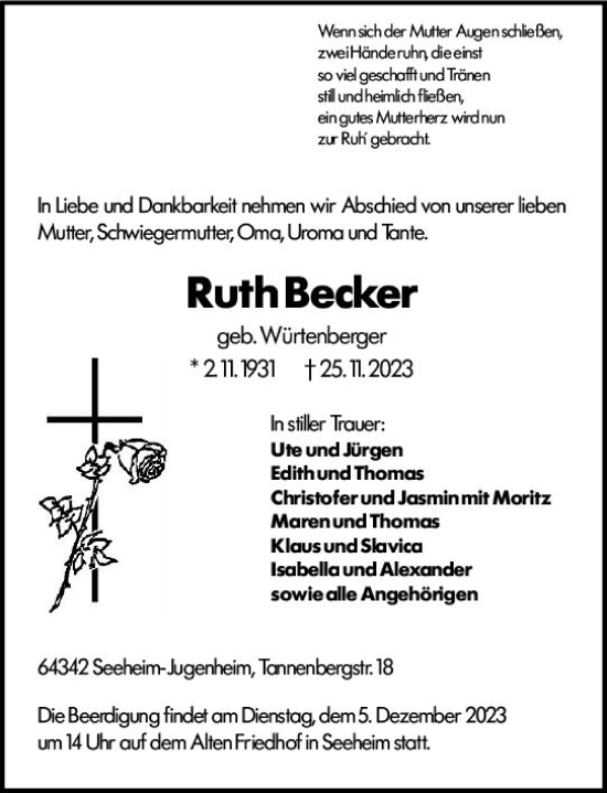 Traueranzeige von Ruth Becker von Darmstädter Echo