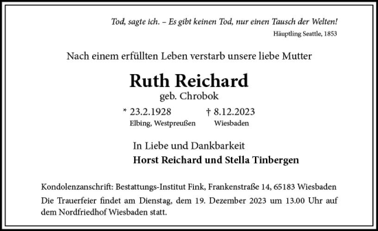 Traueranzeige von Ruth Reichard von Wiesbadener Kurier