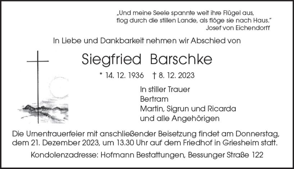  Traueranzeige für Siegfried Barschke vom 16.12.2023 aus Darmstädter Echo