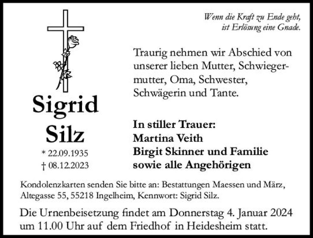  Traueranzeige für Sigrid Silz vom 30.12.2023 aus Allgemeine Zeitung Bingen/Ingelheim
