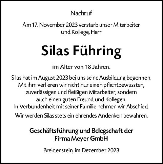 Traueranzeige von Silas Führing von Hinterländer Anzeiger