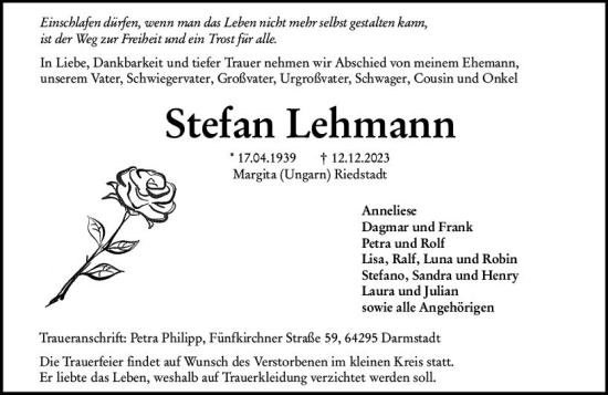 Traueranzeige von Stefan Lehmann von Darmstädter Echo