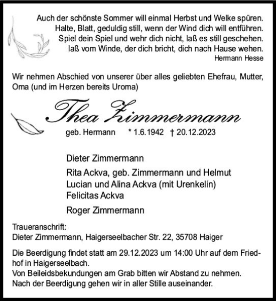 Traueranzeige von Thea Zimmermann von Dill Block
