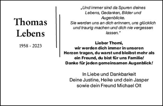 Traueranzeige von Thomas Lebens von Odenwälder Echo