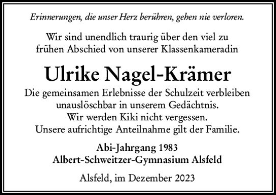 Traueranzeige von Ulrike Nagel-Krämer von VRM Trauer