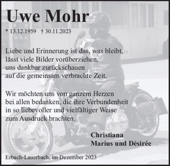 Traueranzeige von Uwe Mohr von Odenwälder Echo